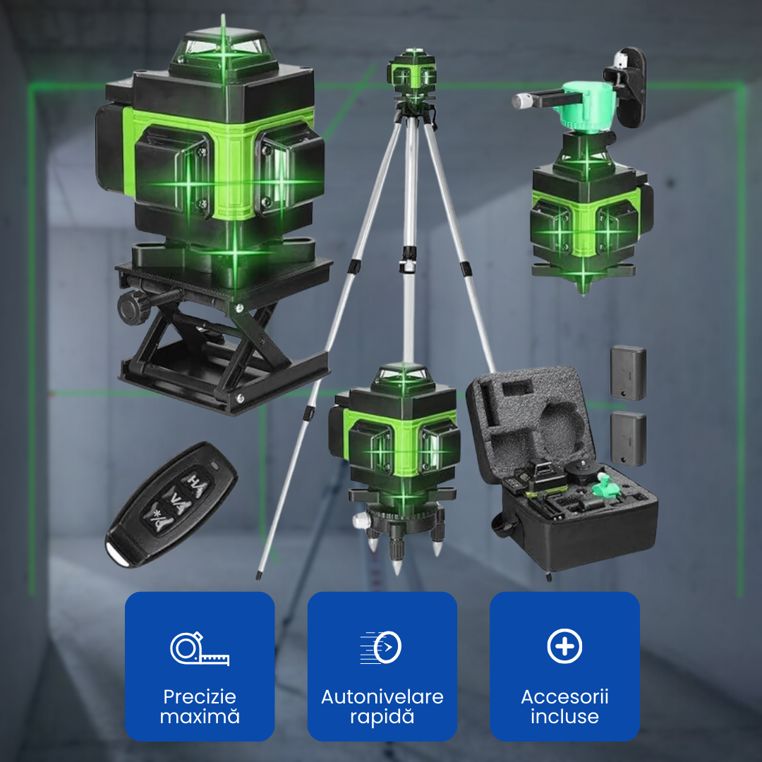 Nivelă Laser 4D Profesională cu 16 Linii, Autonivelare, 2 Acumulatori, Telecomandă și Trepied 150 cm