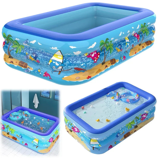 Piscina Gonflabila 150x102x50cm Albastra cu Modele 3 Inele Podea Moale
