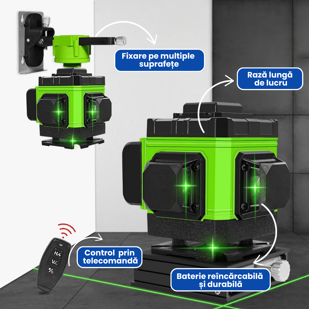 Nivelă Laser 4D Profesională cu 16 Linii, Autonivelare, 2 Acumulatori, Telecomandă și Trepied 150 cm