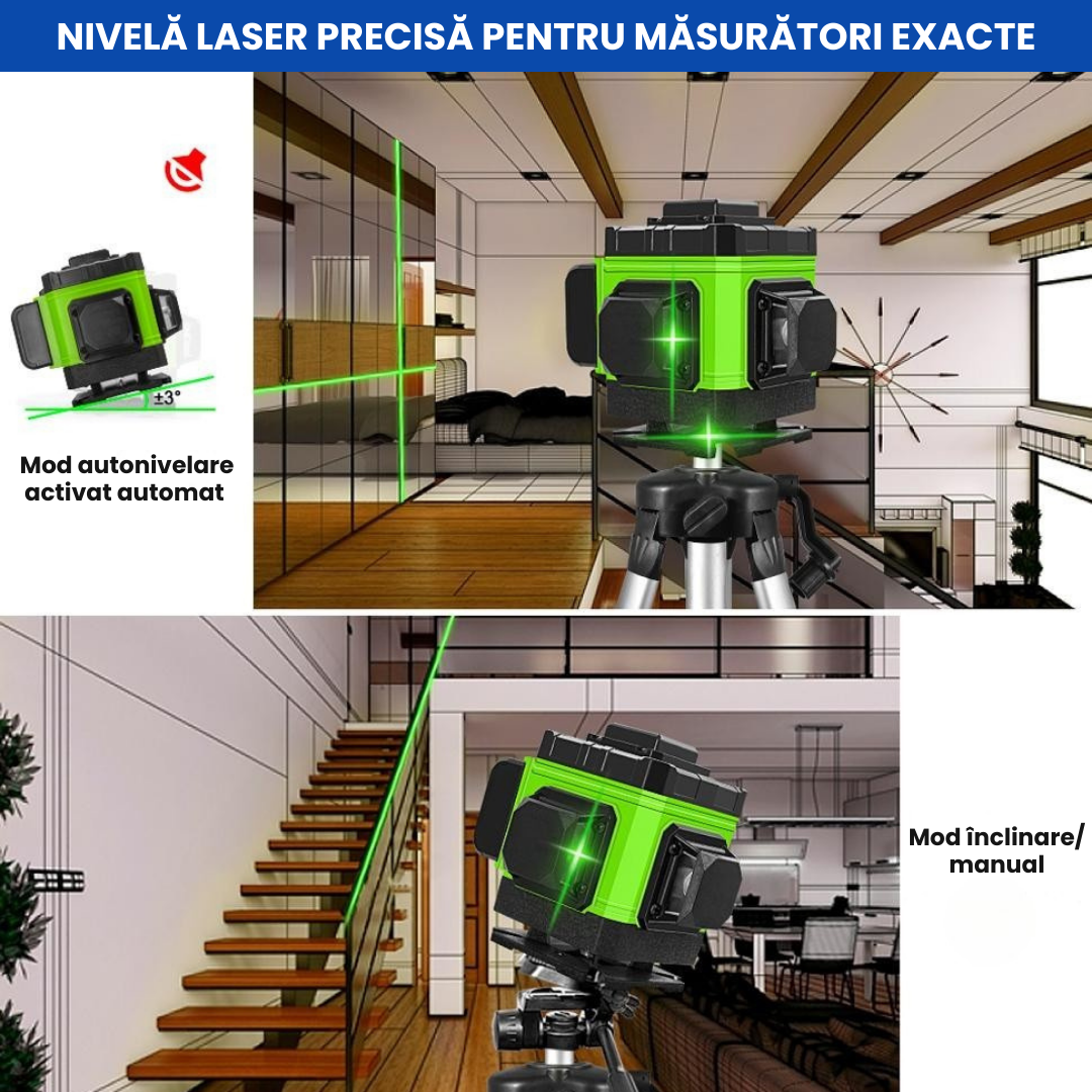 Nivelă Laser 4D Profesională cu 16 Linii, Autonivelare, 2 Acumulatori, Telecomandă și Trepied 150 cm