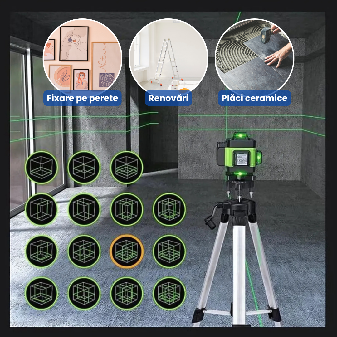 Nivelă Laser 4D Profesională cu 16 Linii, Autonivelare, 2 Acumulatori, Telecomandă și Trepied 150 cm
