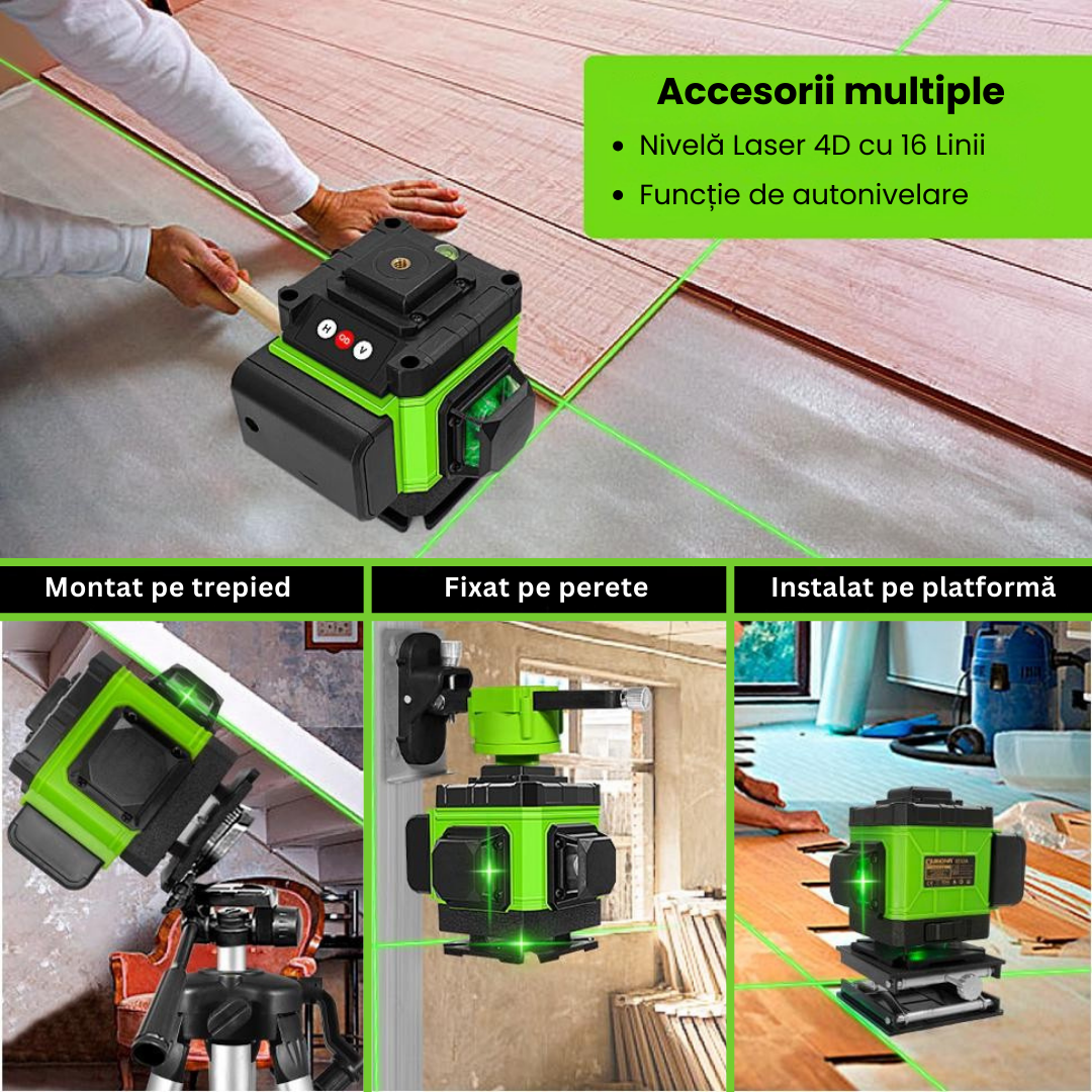 Nivelă Laser 4D Profesională cu 16 Linii, Autonivelare, 2 Acumulatori, Telecomandă și Trepied 150 cm