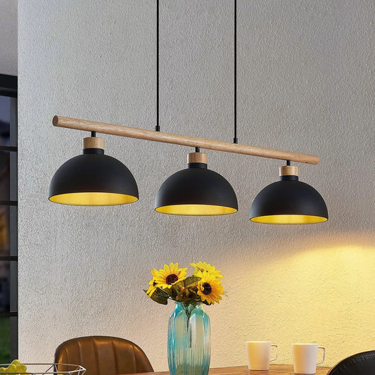 Lampă suspendată BRILO®, 3 Becuri, Negru, Metal, Lemn