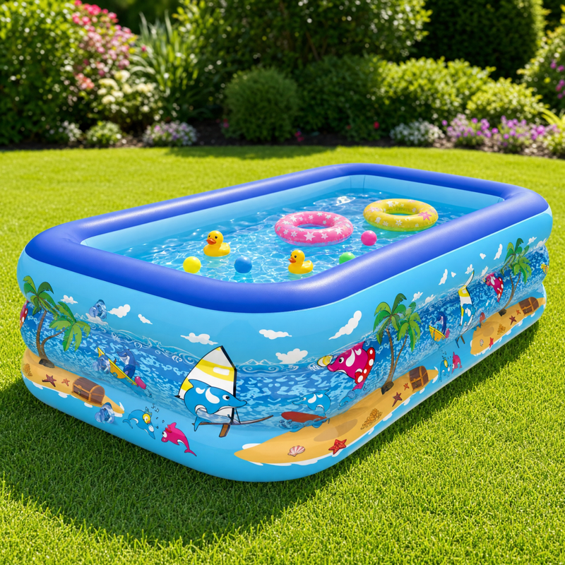 Piscina Gonflabila 150x102x50cm Albastra cu Modele 3 Inele Podea Moale
